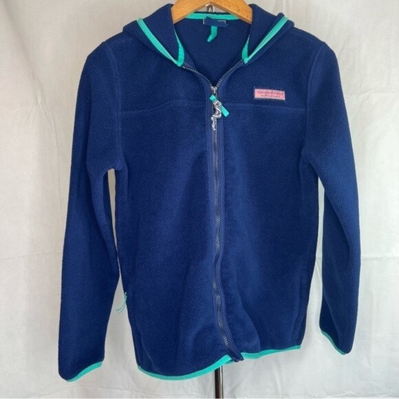 Vineyard Vines Blue Green Trim Full Zip Light Hooded Fleece Jacket Youth LG - Picture 10 of 10